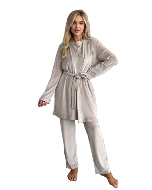 Velour Knit Three Piece Loungewear Set Beige Robe Top Pants