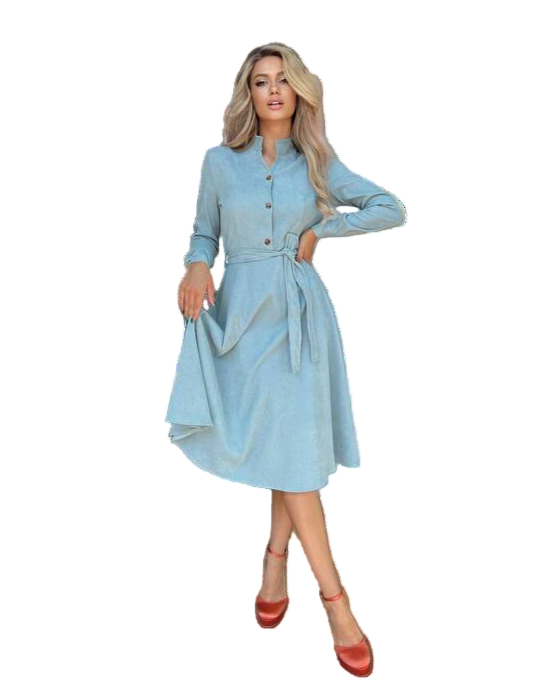 Light Blue Corduroy Dress with Waist Tie for Autumn