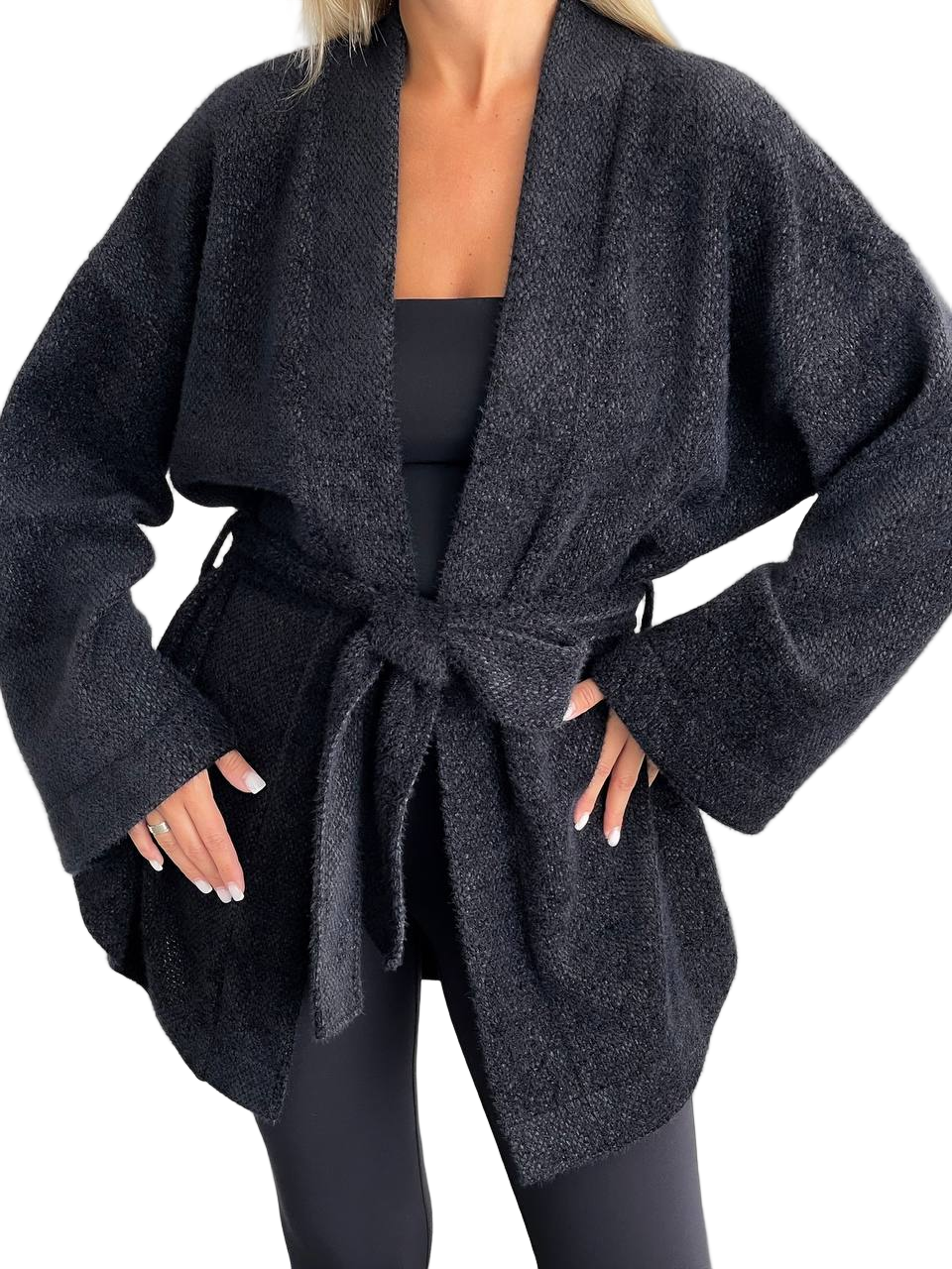Dark gray robe with a belt worn by a person on a white background