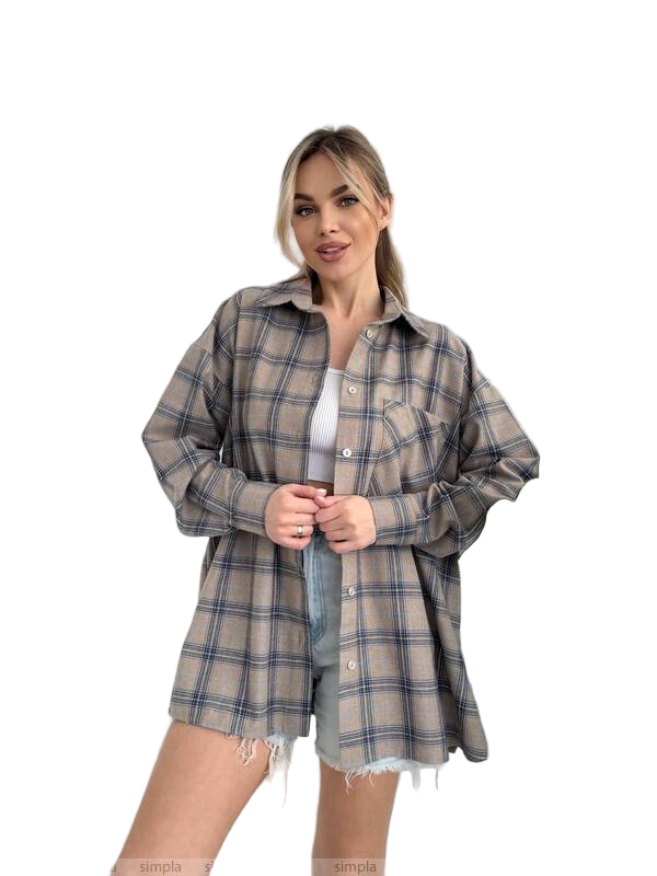 Oversized Plaid Flannel Shirt for Women Beige and Blue