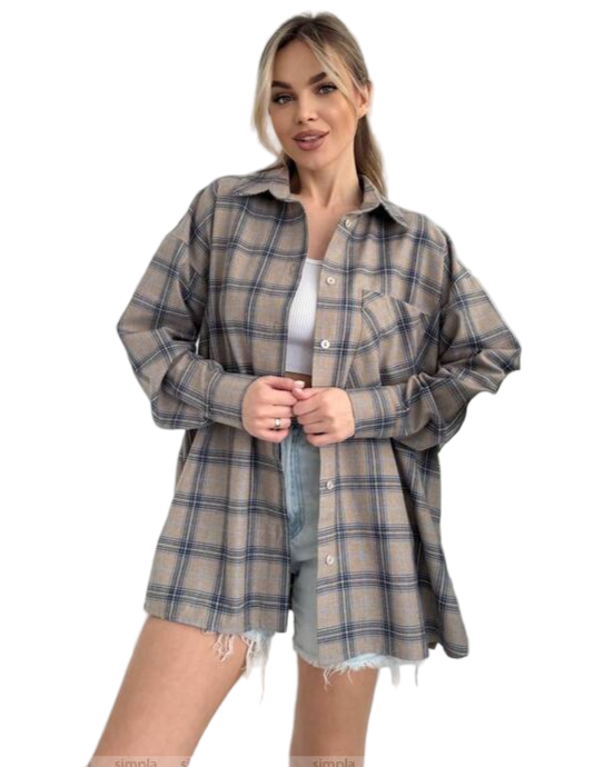 Oversized Plaid Flannel Shirt for Women Beige and Blue