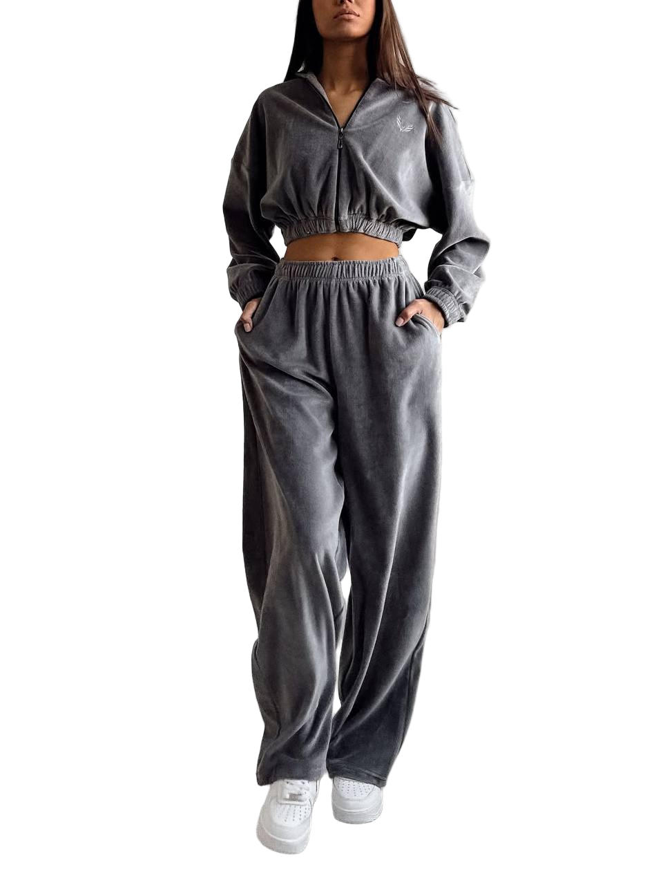 Women Velour Tracksuit Cropped Hoodie and Palazzo Pants Grey Turkish Velour