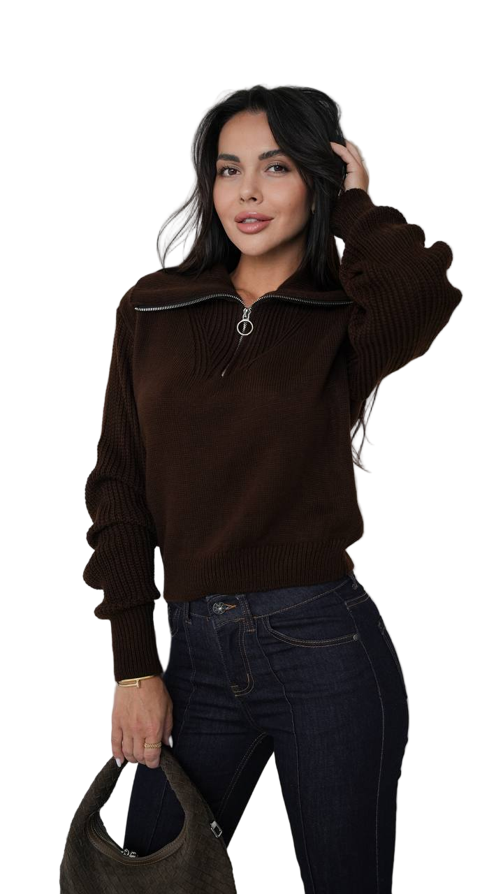 Brown Zip Collar Wool Blend Sweater Womens Cozy Knit Pullover