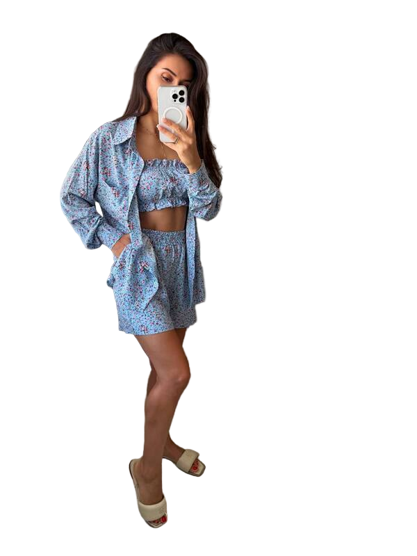 Lightweight Three-Piece Suit in Light Blue Floral Staple Fabric