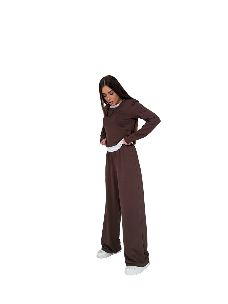 Person wearing a brown nun costume on a white background