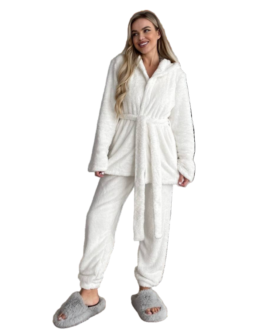 Womens White Double Sided Terry 3 Piece Pajama Set Robe Top Pants Plush Loungewear