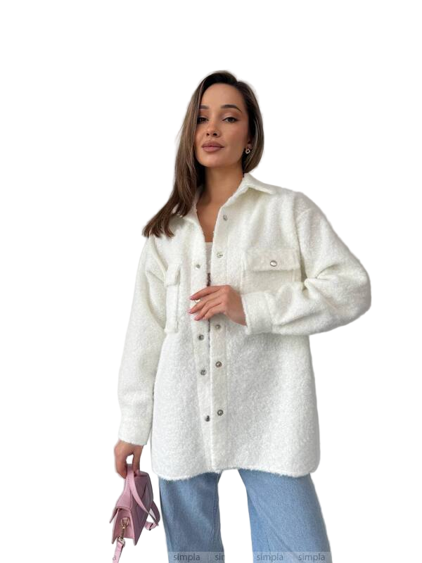 Woman wearing a white button-up shirt on a white background