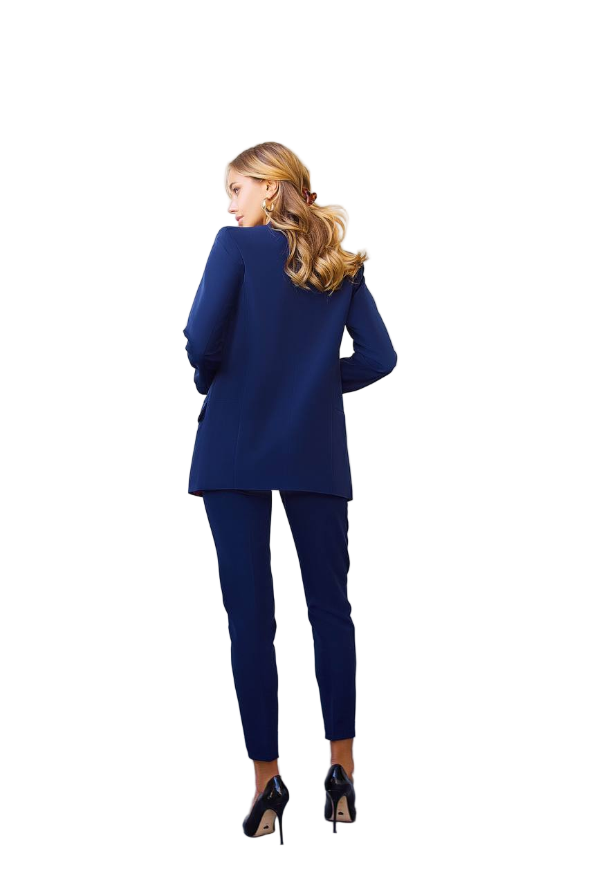 Woman wearing a blue suit on a white background
