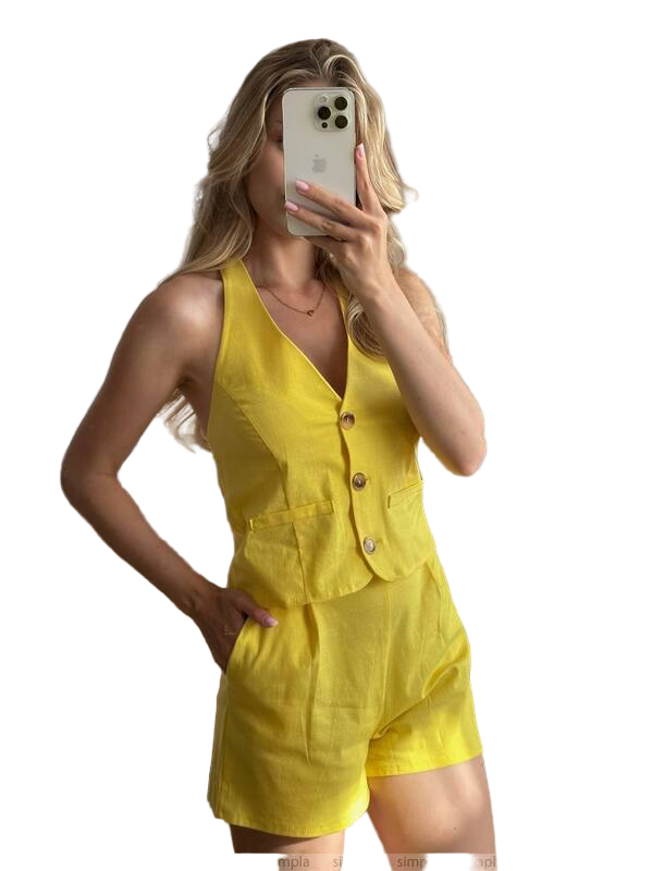 Trendy Yellow Linen Two-Piece Women Summer Suit