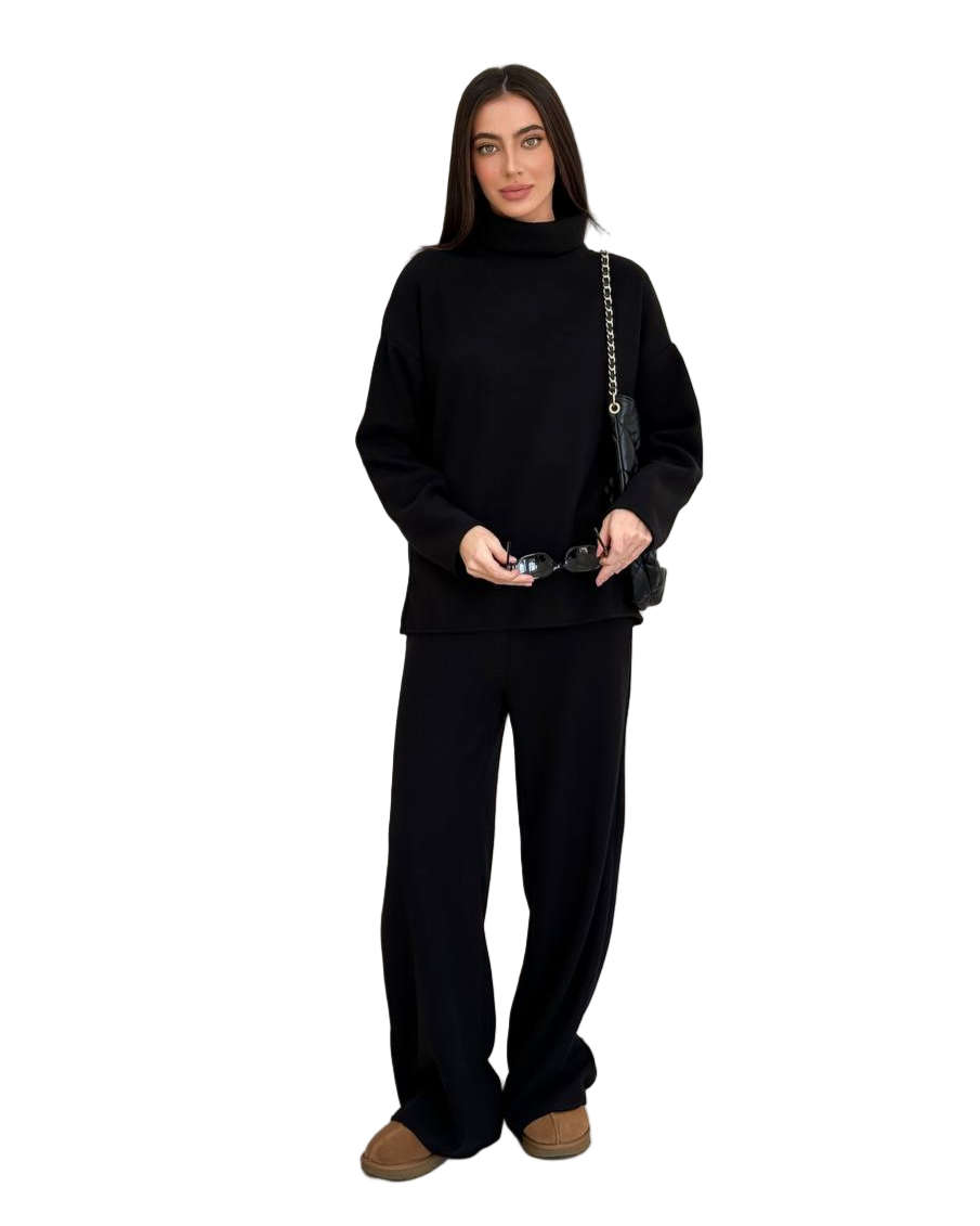 Black Oversize Knit Set Cotton Sweater and High Waist Wide Leg Pants