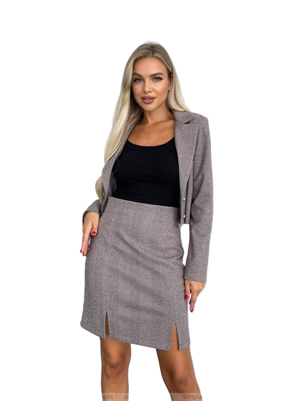 Woman wearing a gray blazer and skirt set on a white background