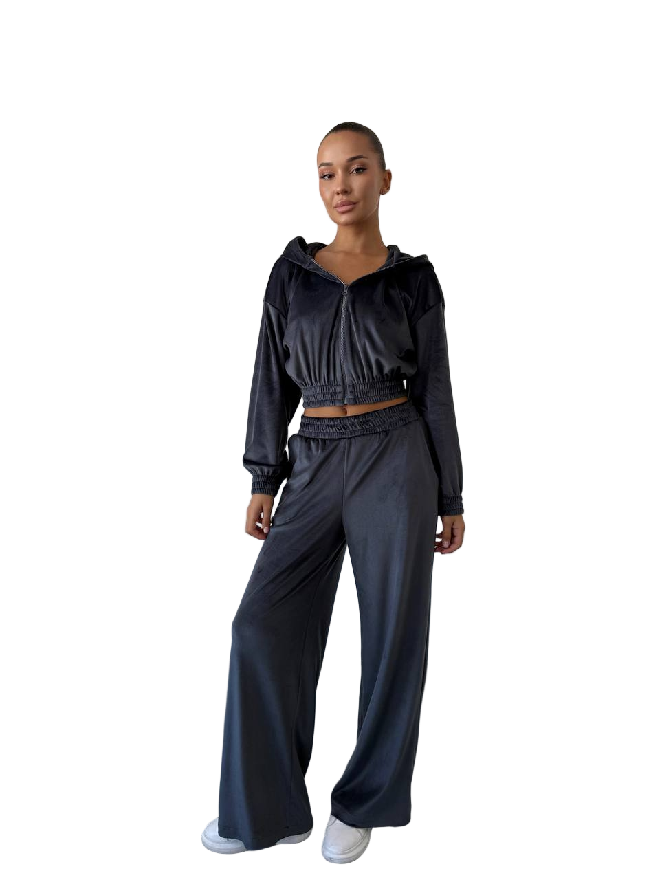 Velour Three Piece Suit Black Hooded Crop Jacket Top Wide Leg Pants