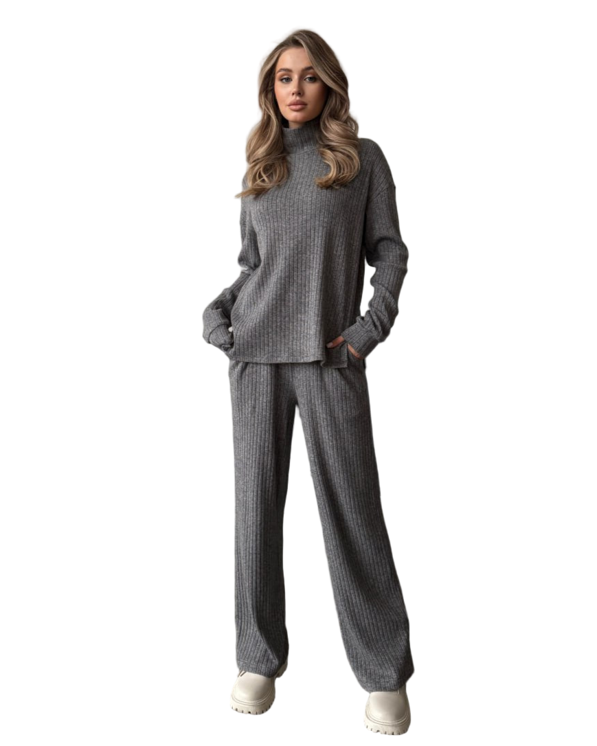 Grey Ribbed Knit Two Piece Set Sweater and Flared Pants Loungewear