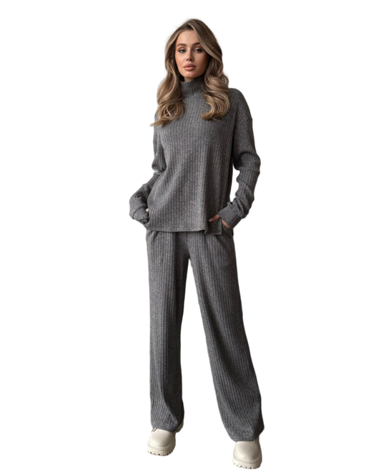 Grey Ribbed Knit Two Piece Set Sweater and Flared Pants Loungewear