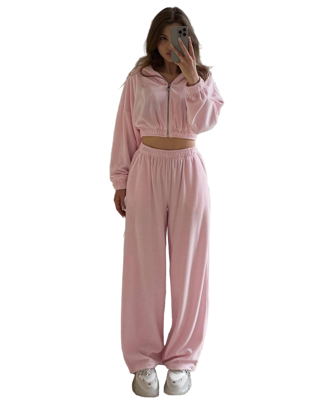 Pink Velour Tracksuit Two Piece Set Cropped Hoodie and Palazzo Pants