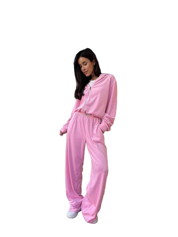 Pink Velour Tracksuit with Hooded Zip-Up Jacket and Palazzo Pants