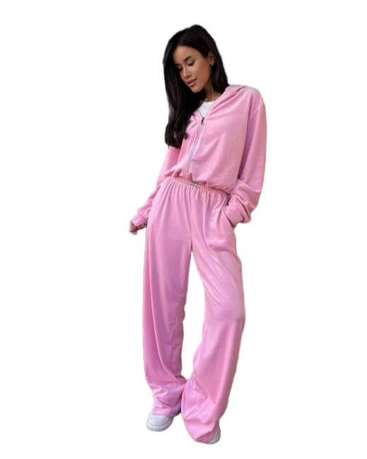 Pink Velour Tracksuit with Hooded Zip-Up Jacket and Palazzo Pants