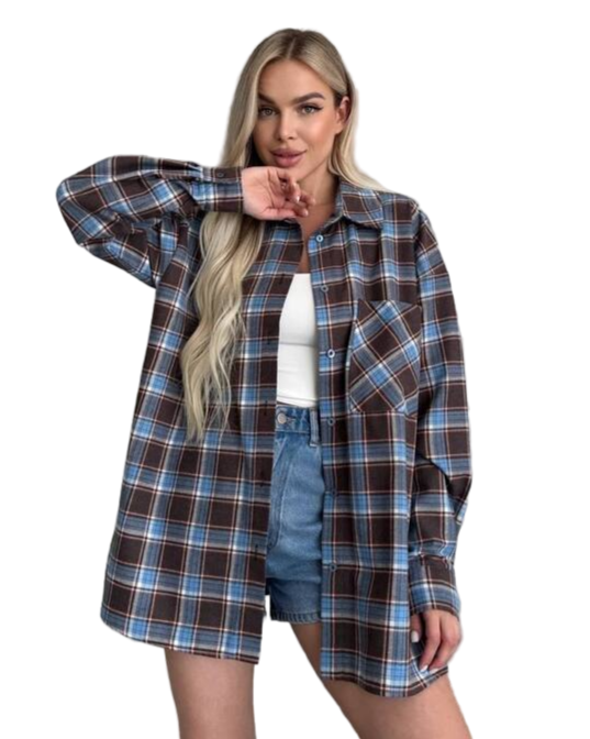 Oversize Flannel Shirt Blue Brown Plaid Casual Top