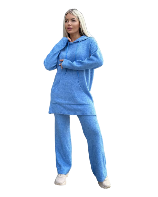 Blue Knit Two Piece Cozy Fall Loungewear Set Hoodie Pants