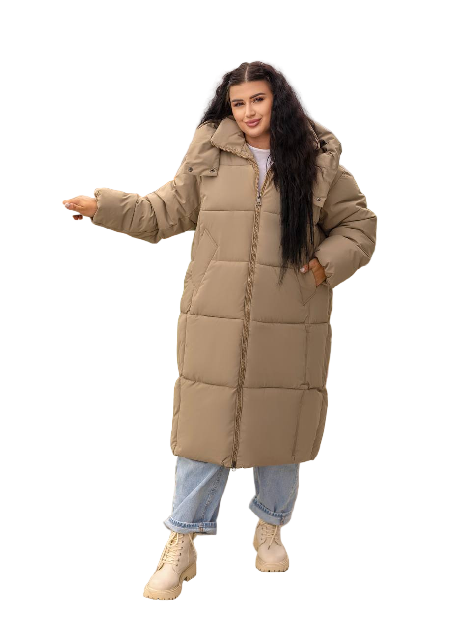 Beige Semi Oversized Long Hooded Puffer Coat Water Resistant Holofiber Insulated Winter Coat
