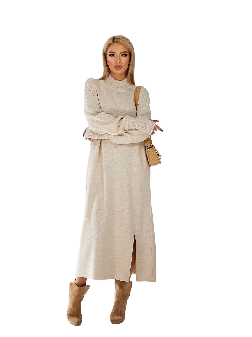 Beige Oversized Knit Maxi Dress Sweater Dress with Finger Slit Sleeves