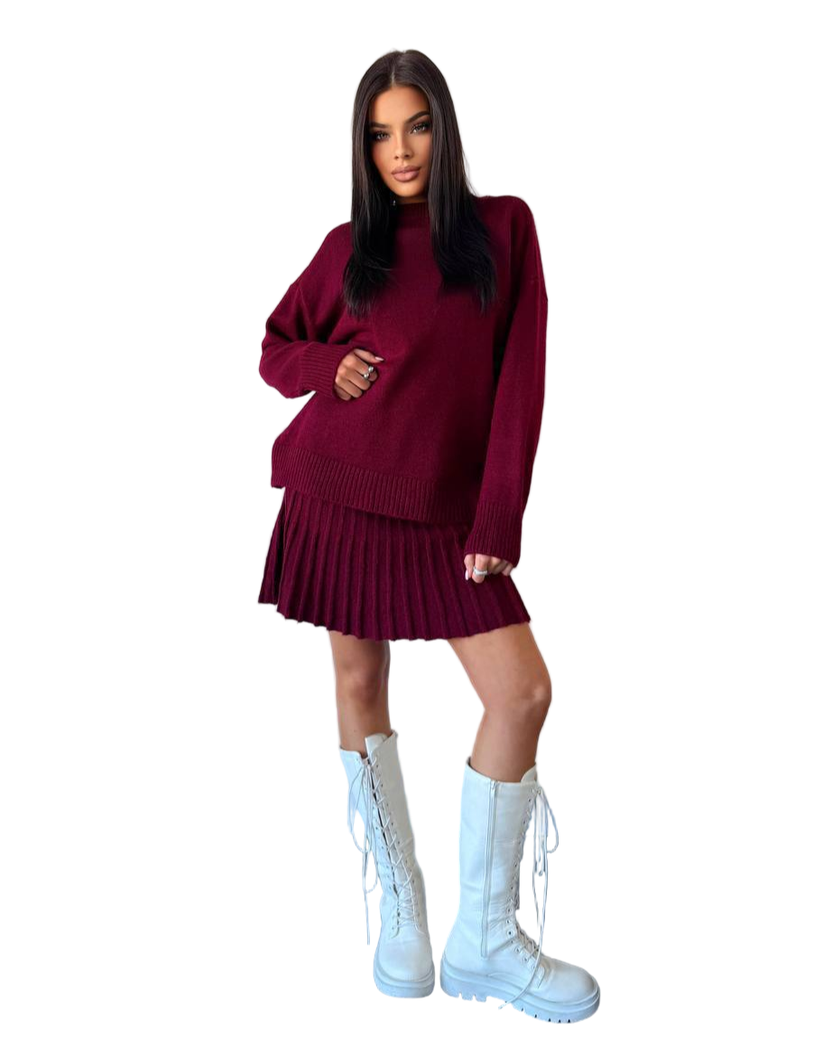 Stylish Burgundy Knit Oversized Sweater and Pleated Skirt Set