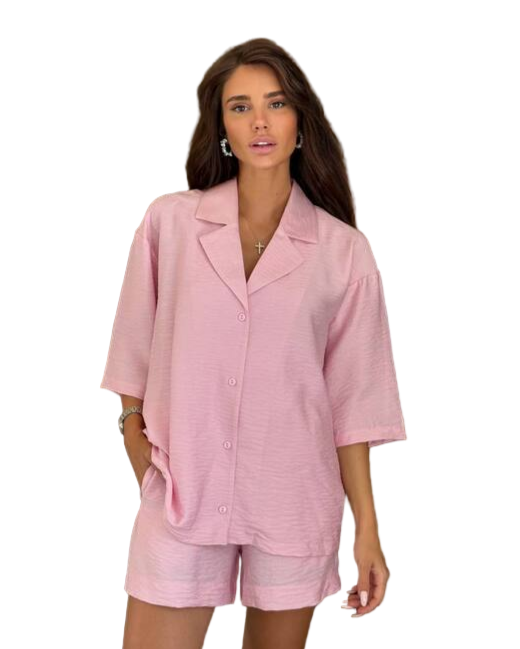 Pink Linen Two-Piece Suit with Relaxed Shirt and Shorts