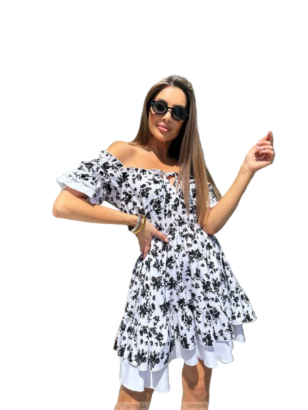Off Shoulder White Dress with Black Floral Print and Adjustable Waist