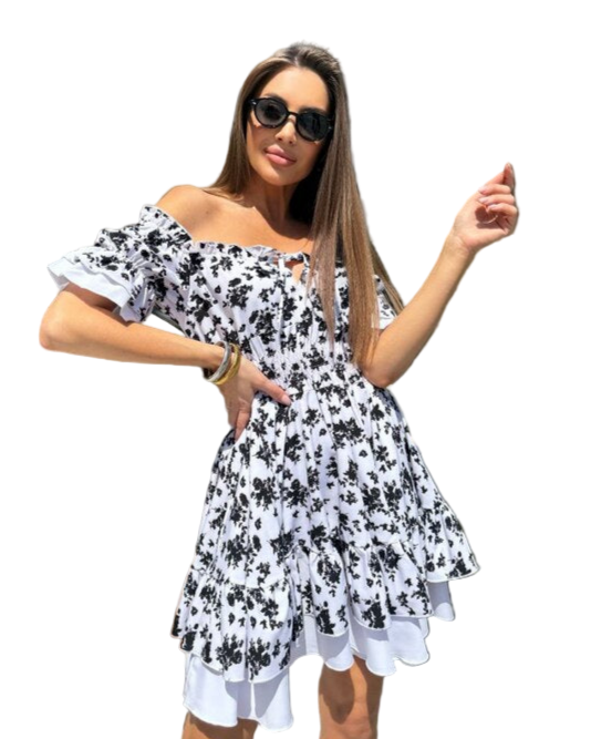 Off Shoulder White Dress with Black Floral Print and Adjustable Waist