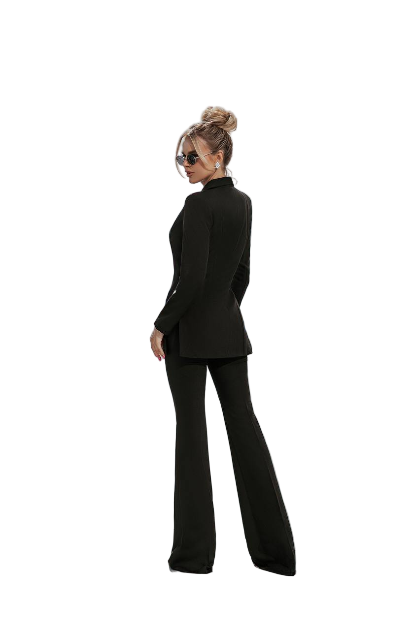 Person wearing a black suit on a white background