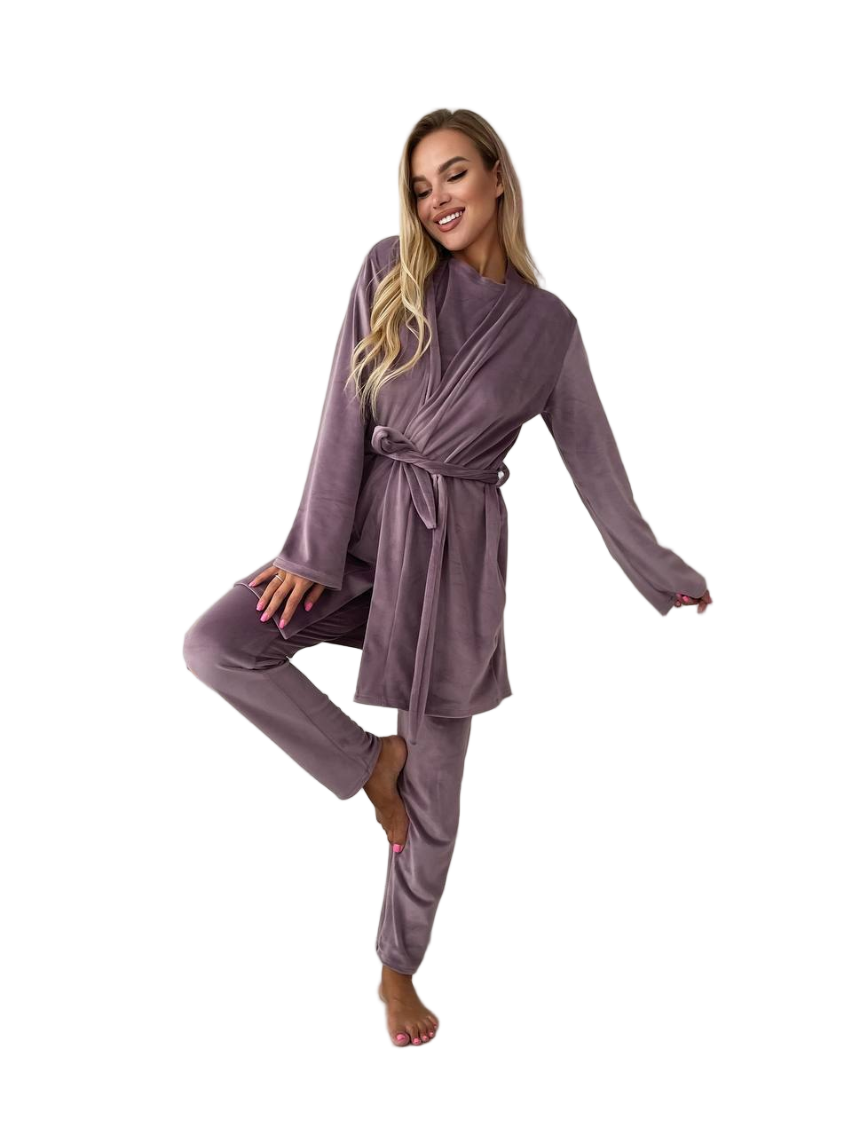Woman wearing a purple robe on a white background