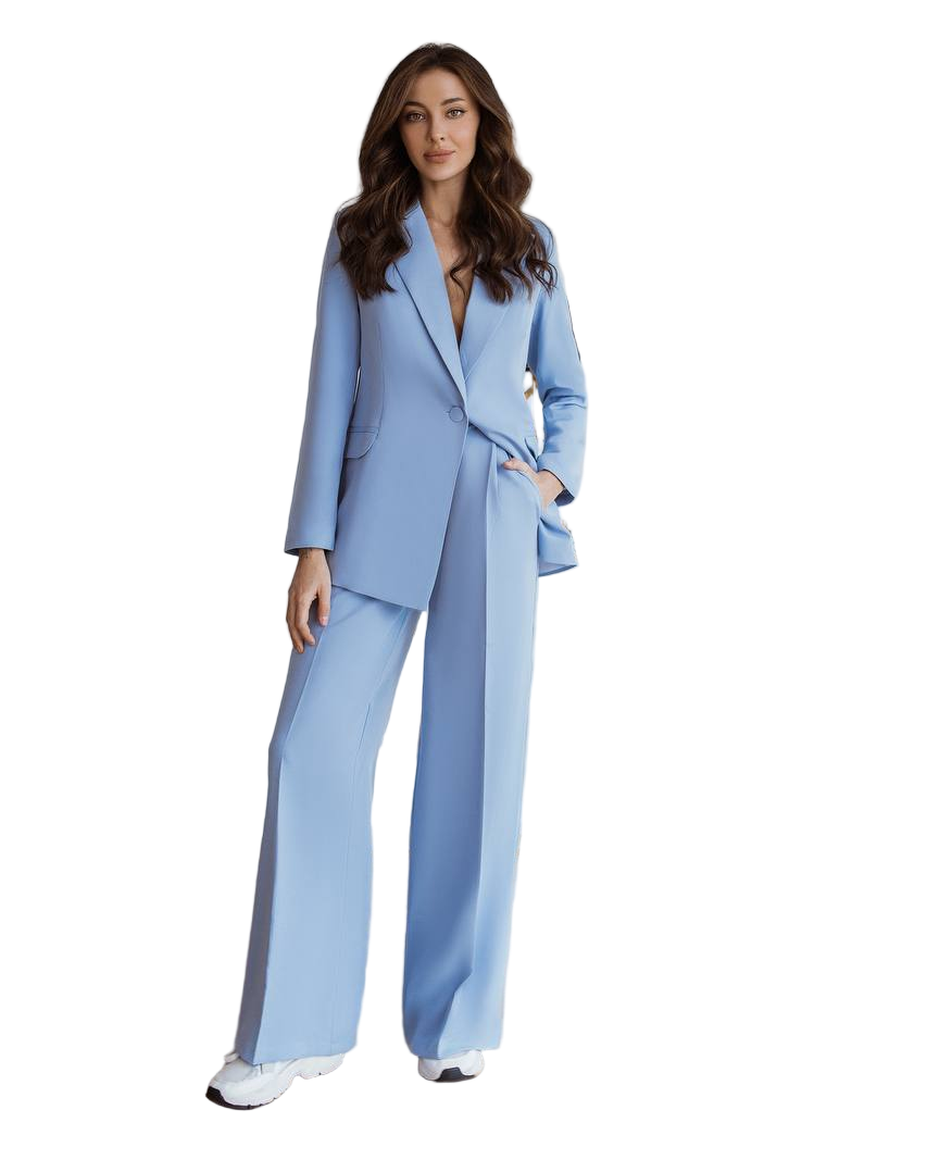 Sky Blue Palazzo Suit Diagonal Crepe Lined Blazer Wide Leg Pants