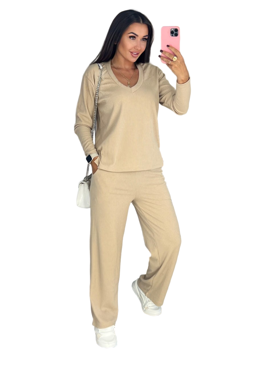 Beige Stylish Ribbed Knitwear Set Women's Two-Piece Outfit