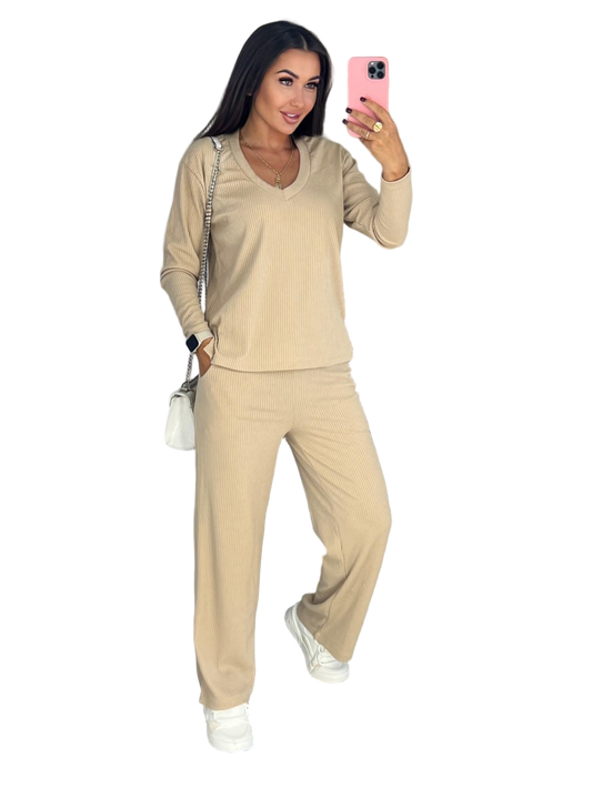 Beige Stylish Ribbed Knitwear Set Women's Two-Piece Outfit