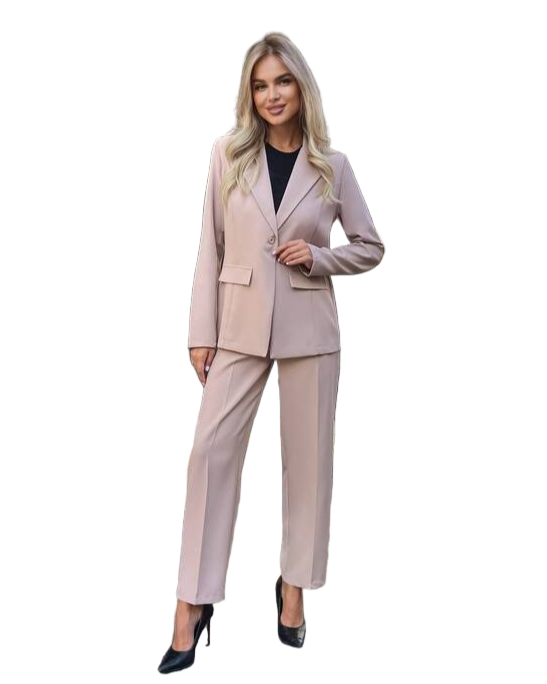 Stylish Beige Two-Piece Women's Suit with Structured Shoulder Blazer