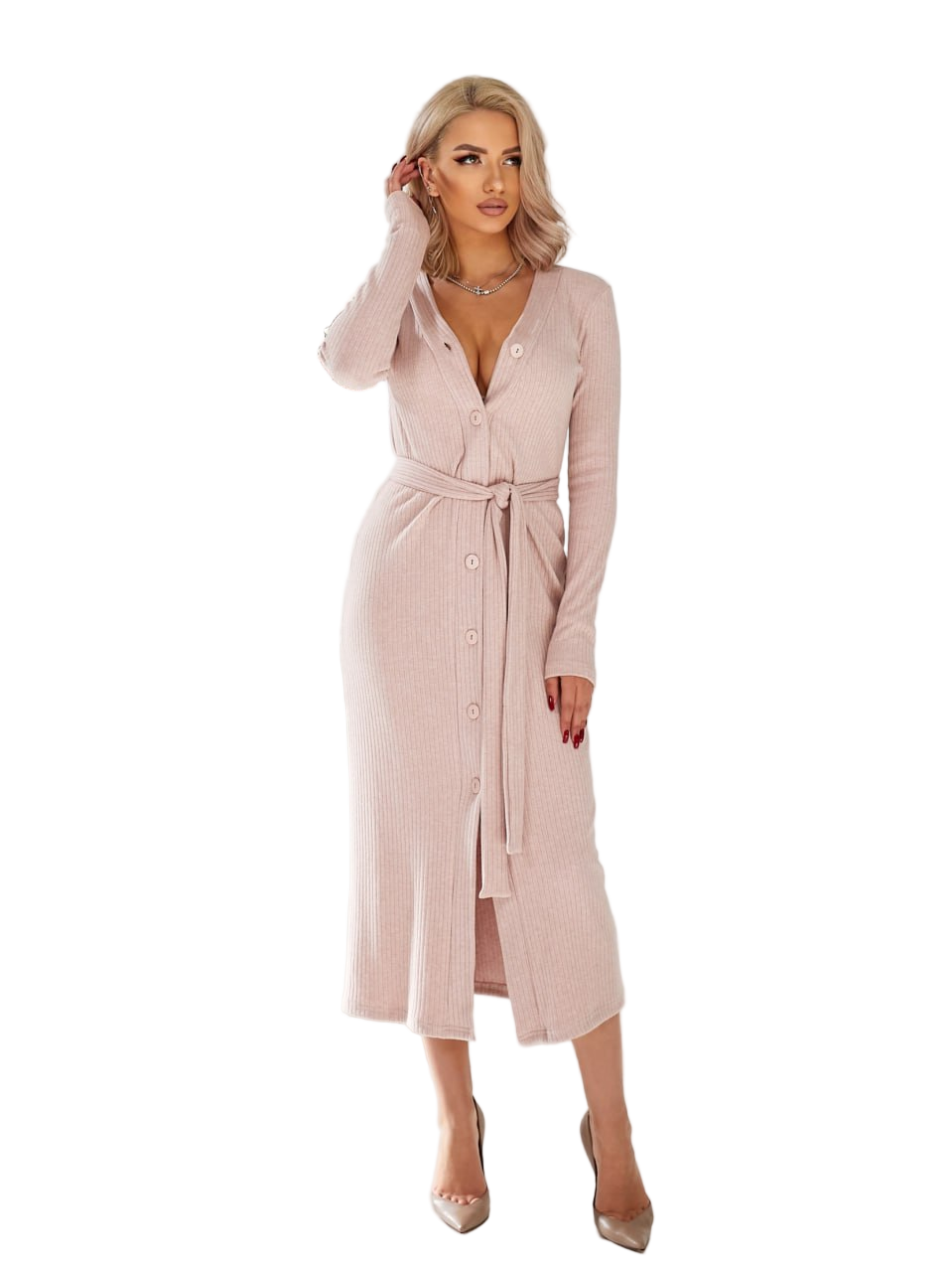 Ribbed Knit Midi Dress Button Front Tie Belt Long Sleeve