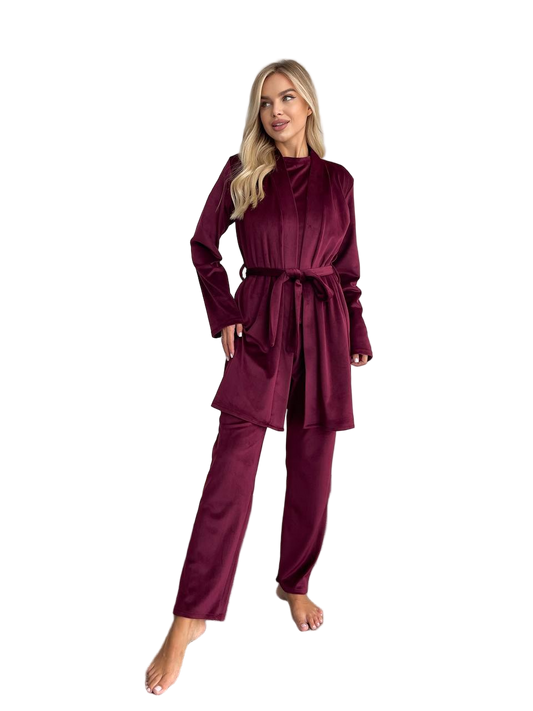 Burgundy Velour Loungewear Set Three Piece Robe Top Pants Comfortable Homewear