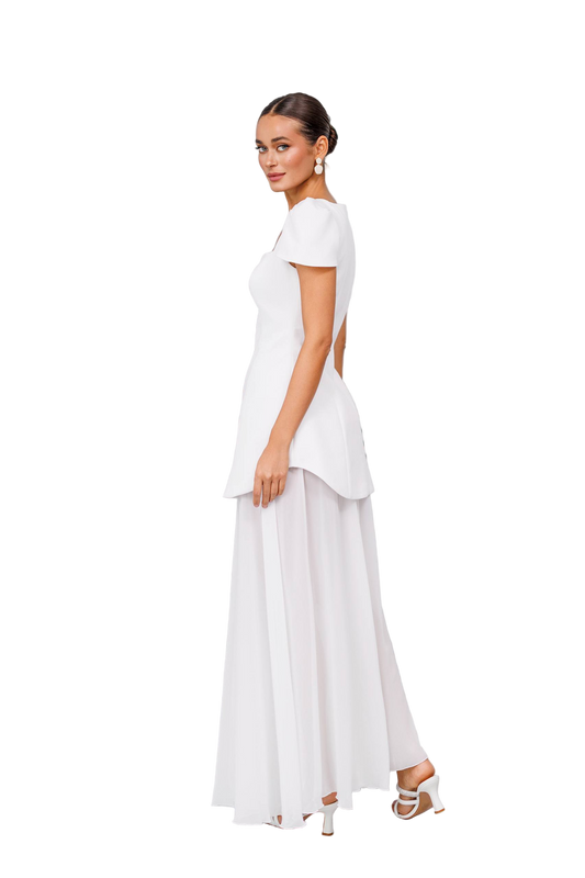 White Peplum Dress and Skirt Diagonal Crepe Top Premium Chiffon Skirt