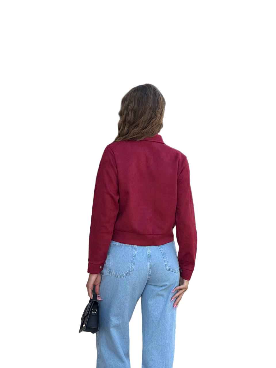 Person wearing a red jacket and blue jeans on a white background