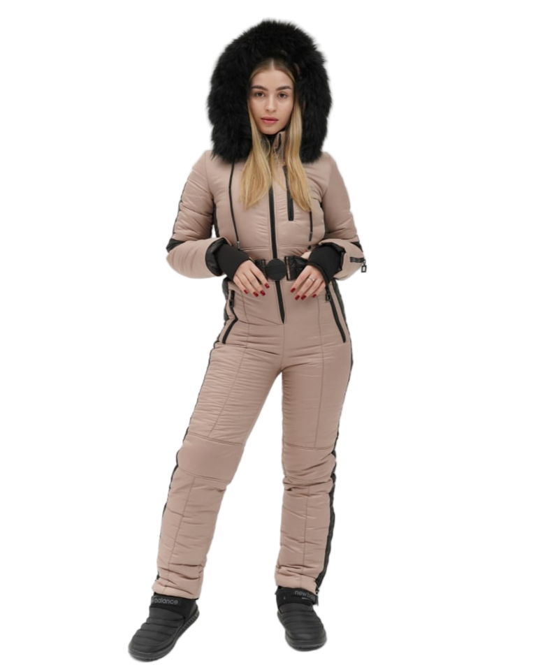 Womens Beige Winter Overall With Removable Hood Real Fox Fur Water Repellent Ski Suit