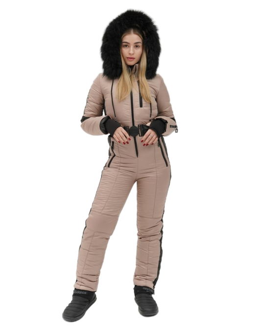Womens Beige Winter Overall With Removable Hood Real Fox Fur Water Repellent Ski Suit