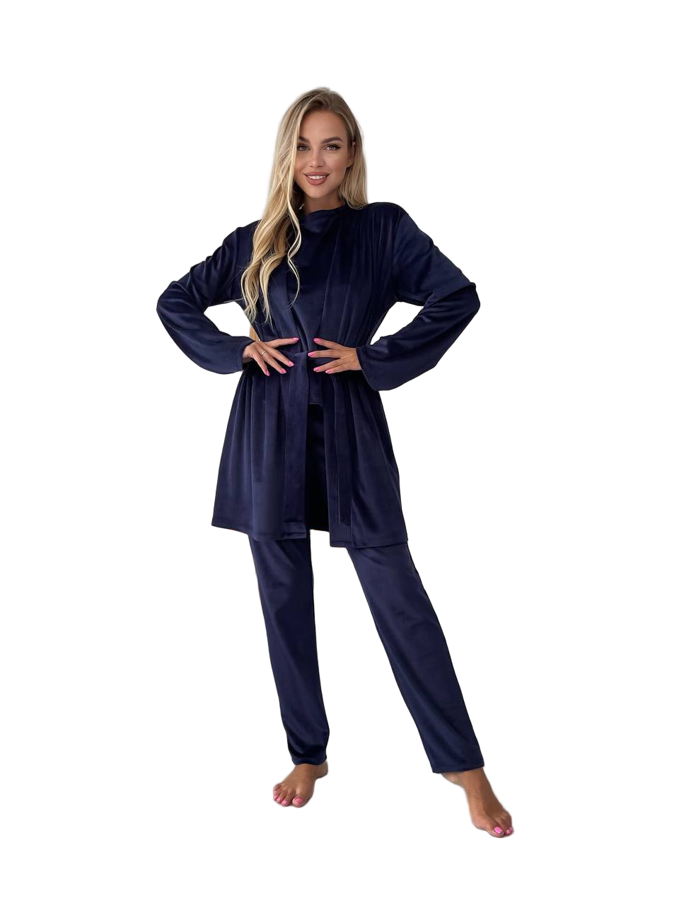 Womens Velour Three-Piece Loungewear Set Navy