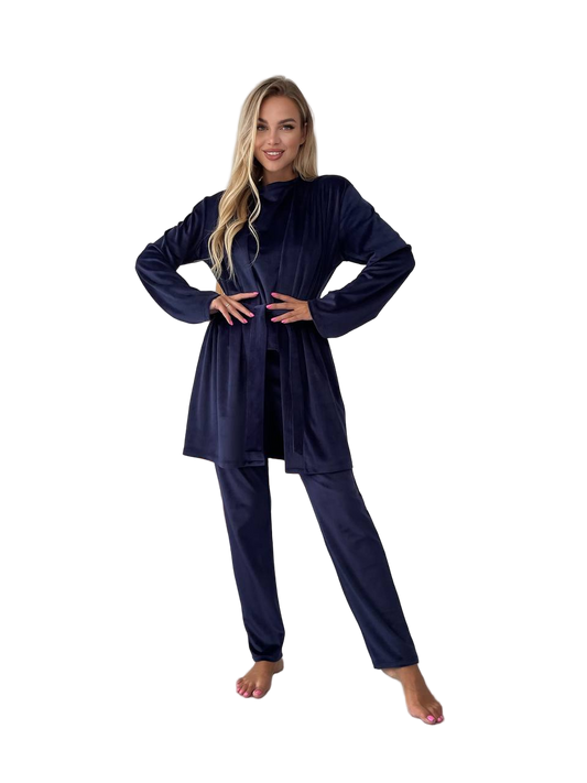 Womens Velour Three-Piece Loungewear Set Navy