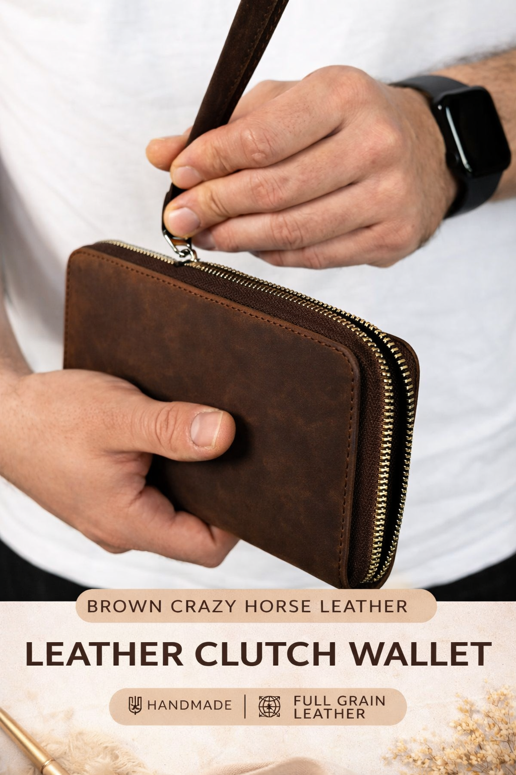 Handmade Genuine Leather Crazy Horse Brown Clutch Wallet Wristlet Zip Gift for Him