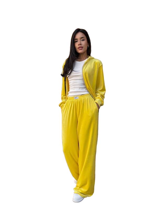 Yellow Velour Tracksuit with Zip Hoodie and Palazzo Pants