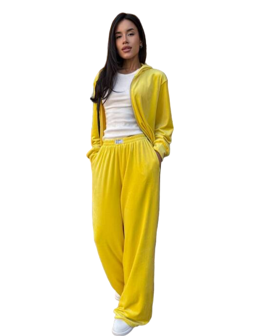Yellow Velour Tracksuit with Zip Hoodie and Palazzo Pants