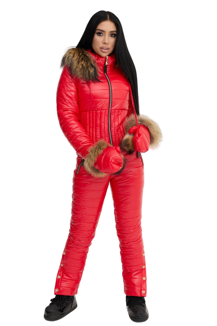 Womens Red Insulated Puffer Winter Overall Ski Jumpsuit with Raccoon Fur Hood and Faux Fur Mittens