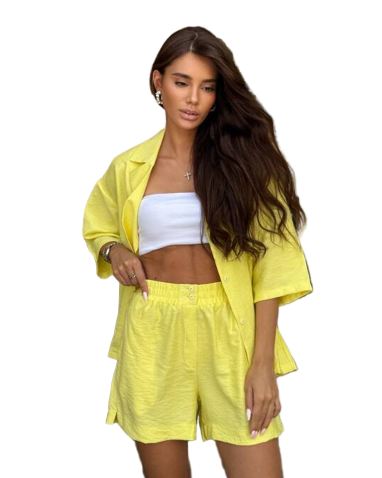 Yellow Linen Boho Two-Piece Set with Loose Shirt and Shorts