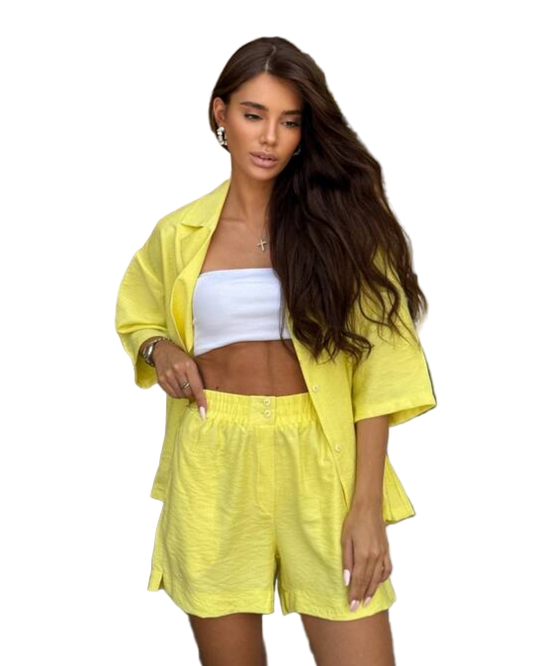 Yellow Linen Boho Two-Piece Set with Loose Shirt and Shorts