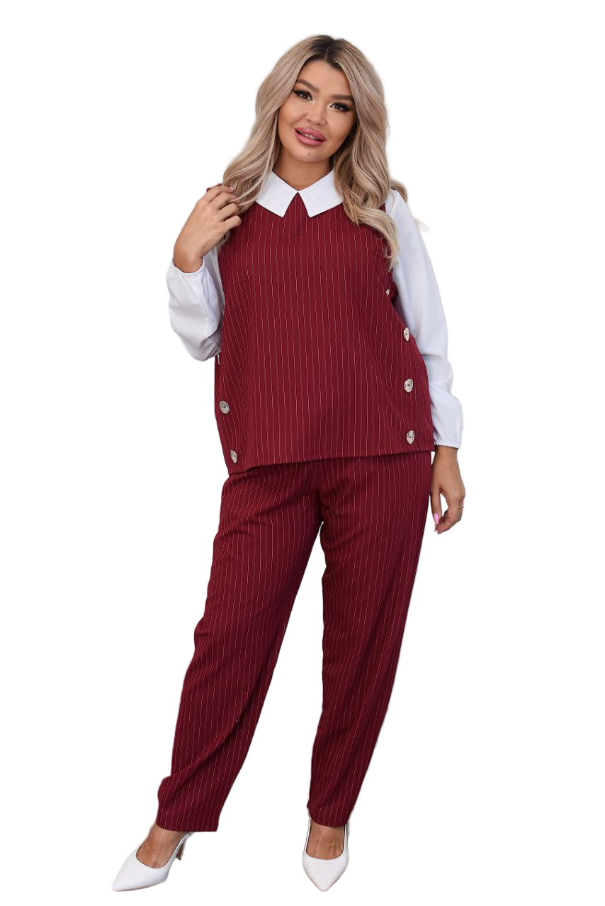 Burgundy Pinstripe Three Piece Suit Set Womens Vest Pants Blouse